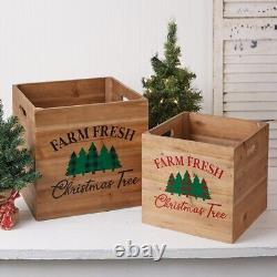 Farm Fresh Christmas Trees Wooden Storage Crates Organizer Boxes 2 pc Set