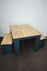 Hadley 120cm Dining Table And 2 Bench Set Aqua Blue New In The Box Flat Packed