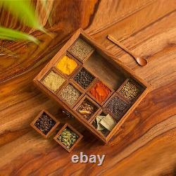 Handmade Wooden Masala Spice Box Set for Kitchen with 12 Containers & 1 Spoon