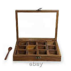 Handmade Wooden Masala Spice Box Set for Kitchen with 12 Containers & 1 Spoon
