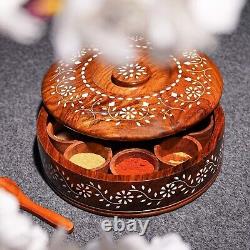 Handmade Wooden Round Spice Box Set for Kitchen with Floral Design, Pack of 1