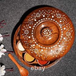 Handmade Wooden Round Spice Box Set for Kitchen with Floral Design, Pack of 1
