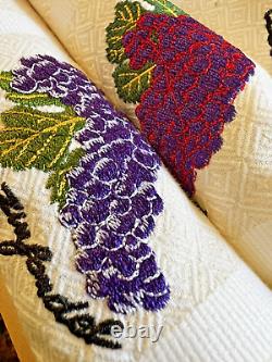 Jan De Luz Cotton Dish Towels Set 6 Embroidered Wine Grapes Wooden Box 21 x 23