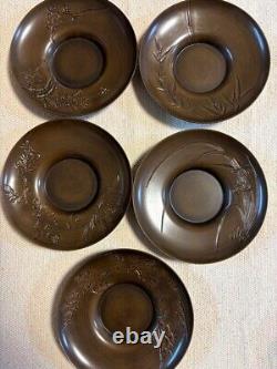 Japanese Copper TEA CUP TRAY Saucer Chataku Set of 5 Type? 4.3in WithWooden Box FS