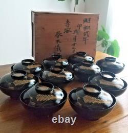 Japanese Lacquerware with Lids 1927 Vintage, soup bowl Set of 10 in a wooden box