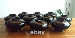 Japanese Lacquerware with Lids 1927 Vintage, soup bowl Set of 10 in a wooden box