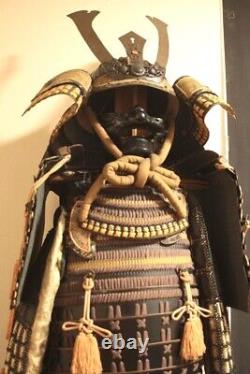 Japanese Old Antiqu Samurai Armor YOROI Kabuto Menpo Full Set withwooden box Gold