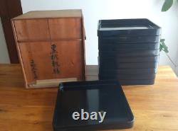 Japanese antique Lacquered table, Wooden Tray Set of 10 in a wooden box, 1925