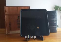 Japanese antique Lacquered table, Wooden Tray Set of 10 in a wooden box, 1925