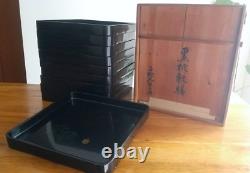 Japanese antique Lacquered table, Wooden Tray Set of 10 in a wooden box, 1925