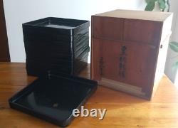 Japanese antique Lacquered table, Wooden Tray Set of 10 in a wooden box, 1925