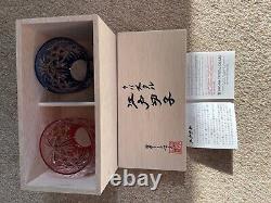 Kagami glass crystal cold sake cup set in wooden box Brand New