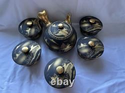 Kutani ware Japanese Teapot With Cups Set In Wooden Box