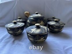 Kutani ware Japanese Teapot With Cups Set In Wooden Box