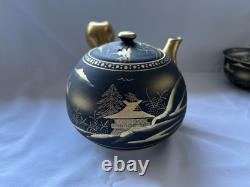 Kutani ware Japanese Teapot With Cups Set In Wooden Box