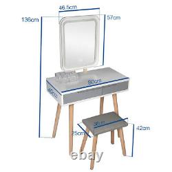 LED Makeup Dressing Table Desk Stool 3 Lights Setting Round Mirror Storage Box