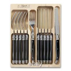 Laguiole Knife and Fork Set, 12 Piece in Wooden Display Box, Black