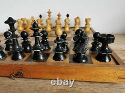 Large Antique Vienna Coffee House Chess Set in a wooden box. King 10cm