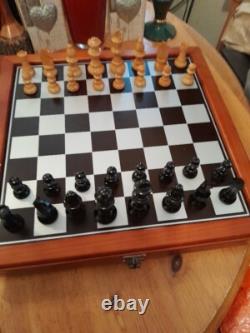 Large Cute Vintage Wooden Chess Set, Wooden Box, Felted, Lacquered, 3''king -346UTBL