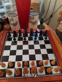 Large Cute Vintage Wooden Chess Set, Wooden Box, Felted, Lacquered, 3''king -346UTBL