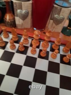 Large Cute Vintage Wooden Chess Set, Wooden Box, Felted, Lacquered, 3''king -346UTBL