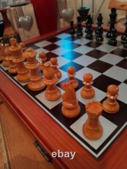 Large Cute Vintage Wooden Chess Set, Wooden Box, Felted, Lacquered, 3''king -346UTBL