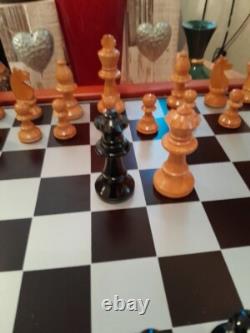 Large Cute Vintage Wooden Chess Set, Wooden Box, Felted, Lacquered, 3''king -346UTBL