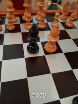 Large Cute Vintage Wooden Chess Set, Wooden Box, Felted, Lacquered, 3''king -346UTBL