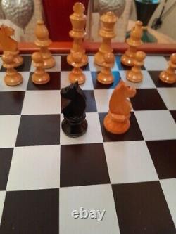 Large Cute Vintage Wooden Chess Set, Wooden Box, Felted, Lacquered, 3''king -346UTBL