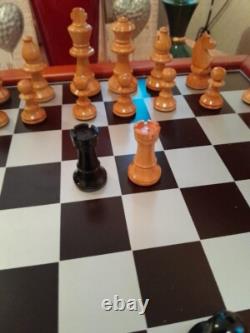 Large Cute Vintage Wooden Chess Set, Wooden Box, Felted, Lacquered, 3''king -346UTBL