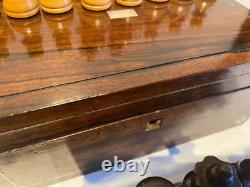 Large Vintage Wooden Chess Set In A Beautiful Wooden Box, Felted/lacqurd (333uch)