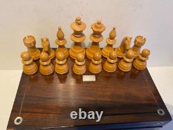 Large Vintage Wooden Chess Set In A Beautiful Wooden Box, Felted/lacqurd (333uch)