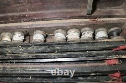 Large lot antique complete 1925 ice fishing pole wooden box set rod reel tip-ups