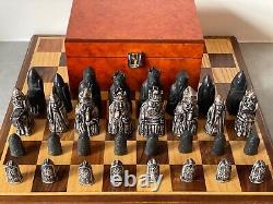 Lewis Chessmen. Replica Isle of Lewis Chess Set with Burl Root Wooden Box