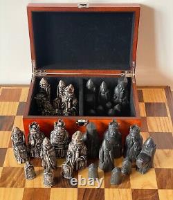 Lewis Chessmen. Replica Isle of Lewis Chess Set with Burl Root Wooden Box