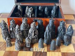 Lewis Chessmen. Replica Isle of Lewis Chess Set with Burl Root Wooden Box