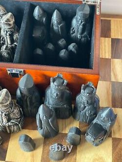 Lewis Chessmen. Replica Isle of Lewis Chess Set with Burl Root Wooden Box