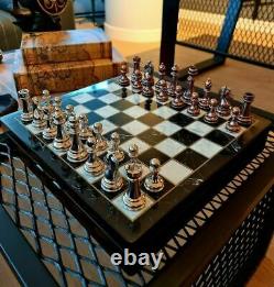 Luxury Classic Zamak Chess Set Bronze Silver Special Wooden Marble Chess Box