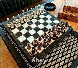 Luxury Classic Zamak Chess Set Bronze Silver Wooden Marble Chess Box 30x30 cm