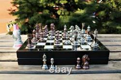 Luxury Marble Chess Set Classic Zamak Stones Bronze Silver Chess Box 14,1 inch
