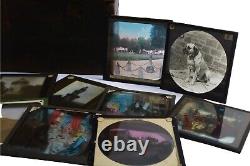 Magic Lantern Slides Boxes, with 33 Magic Lantern Slides, Antique