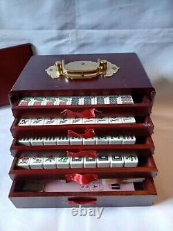 Mah Jong Set 148 Tiles Sticks Book in 5 Drawer Wooden Storage Box Vintage Jongg