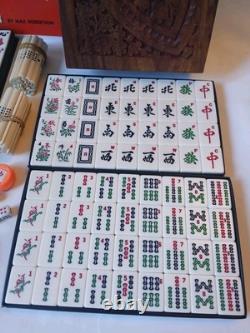 Mah Jong Set Wooden Box 148 Black Backed Tiles Book Sticks Mahjong Jongg Vintage