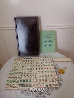 Mah Jong Set in Oriental Wooden Box 144 Tiles Case Mahjong Jongg Vintage