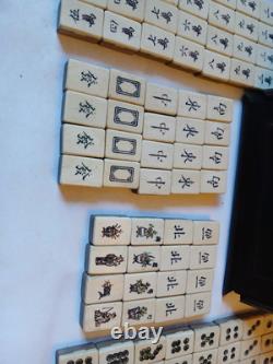 Mah Jong Set in Oriental Wooden Box 144 Tiles Case Mahjong Jongg Vintage Rare 1