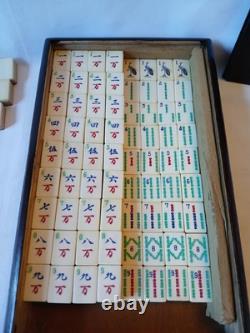 Mah Jong Set in Oriental Wooden Box 152 Tiles Case Mahjong Jongg Vintage Rare