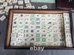 Mah Jong Set in Oriental Wooden Box 152 Tiles Mahjong Jongg Vintage Bone Bamboo