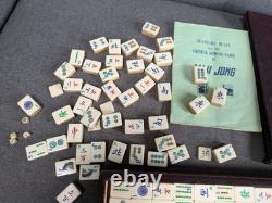 Mah Jong Set in Oriental Wooden Box 152 Tiles Mahjong Jongg Vintage Bone Bamboo
