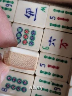 Mah Jong Set in Oriental Wooden Box 152 Tiles Mahjong Jongg Vintage Bone Bamboo