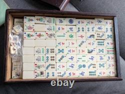 Mah Jong Set in Oriental Wooden Box 152 Tiles Mahjong Jongg Vintage Bone Bamboo